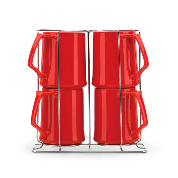 Kobenstyle Chili Red Mug, Set of 4, with Rack
